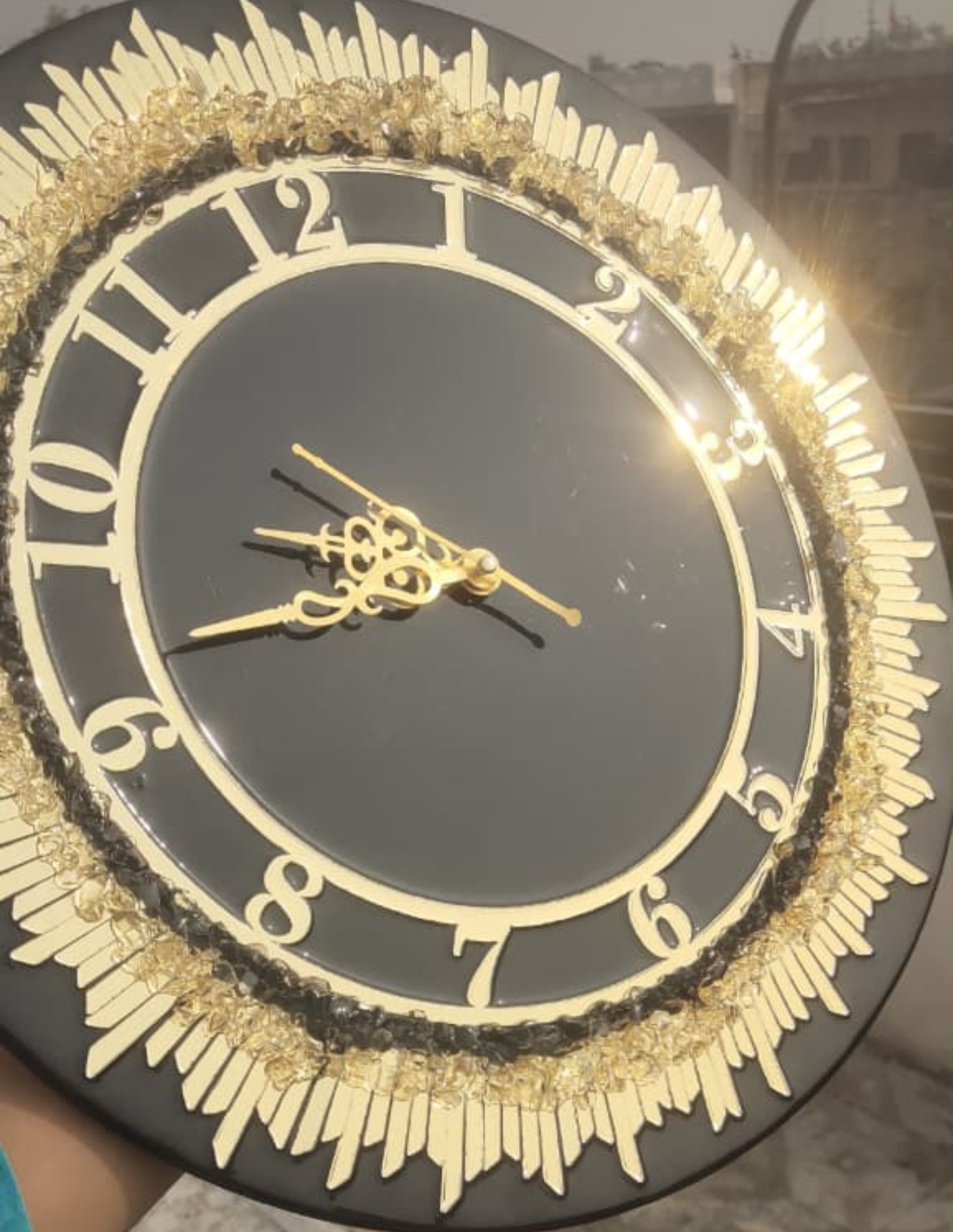 Luxury Black & Gold Resin Wall Clock | Crystal Edge Design | Premium Home Decor