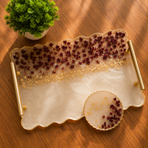 Handmade Resin Serving Tray with Coaster | Premium Floral Resin Tray Set | Luxury Home Décor Collection