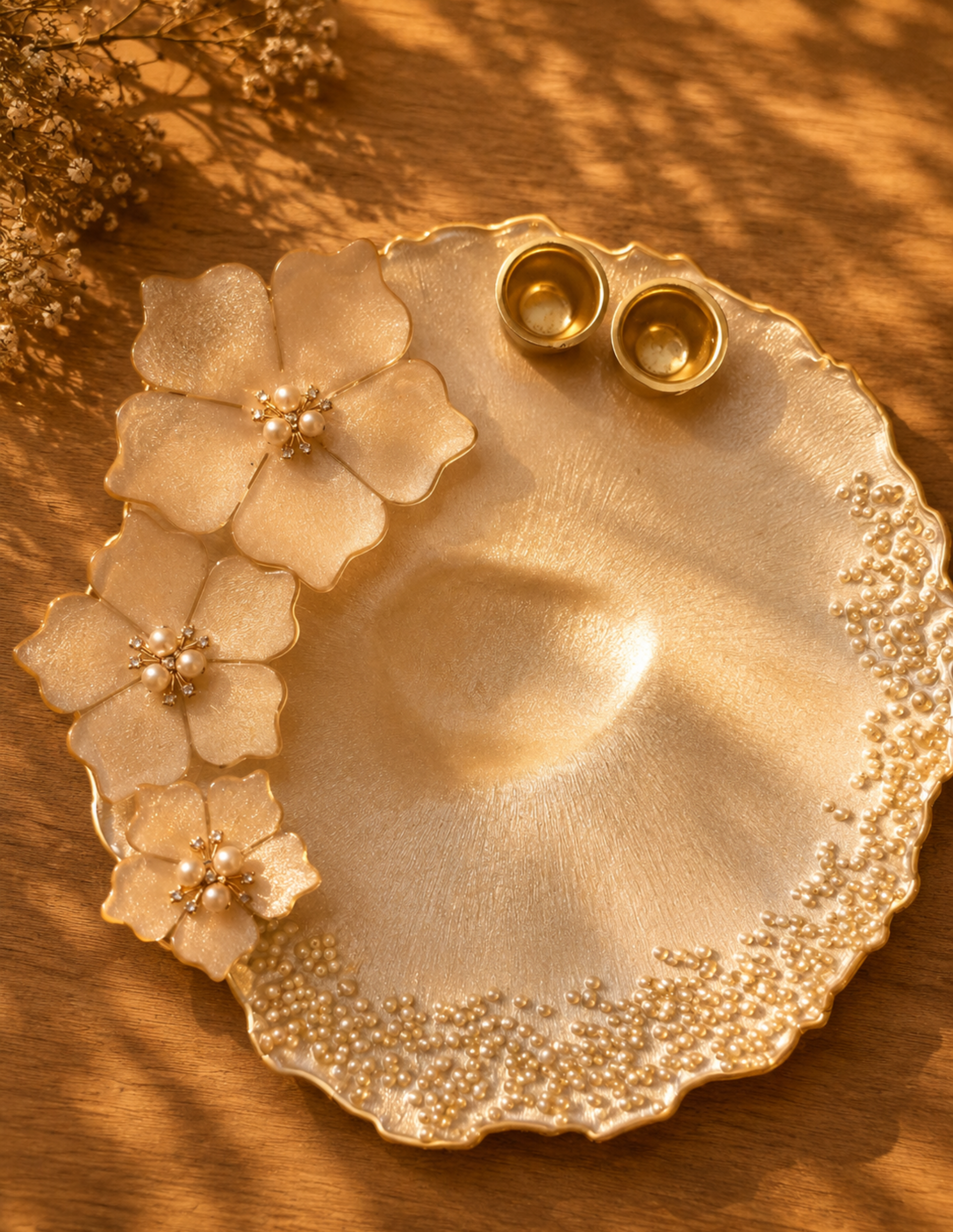 Luxury Resin Pooja Platter Set | Premium Festive Thali Decor | Handmade Pearl Diya Tray