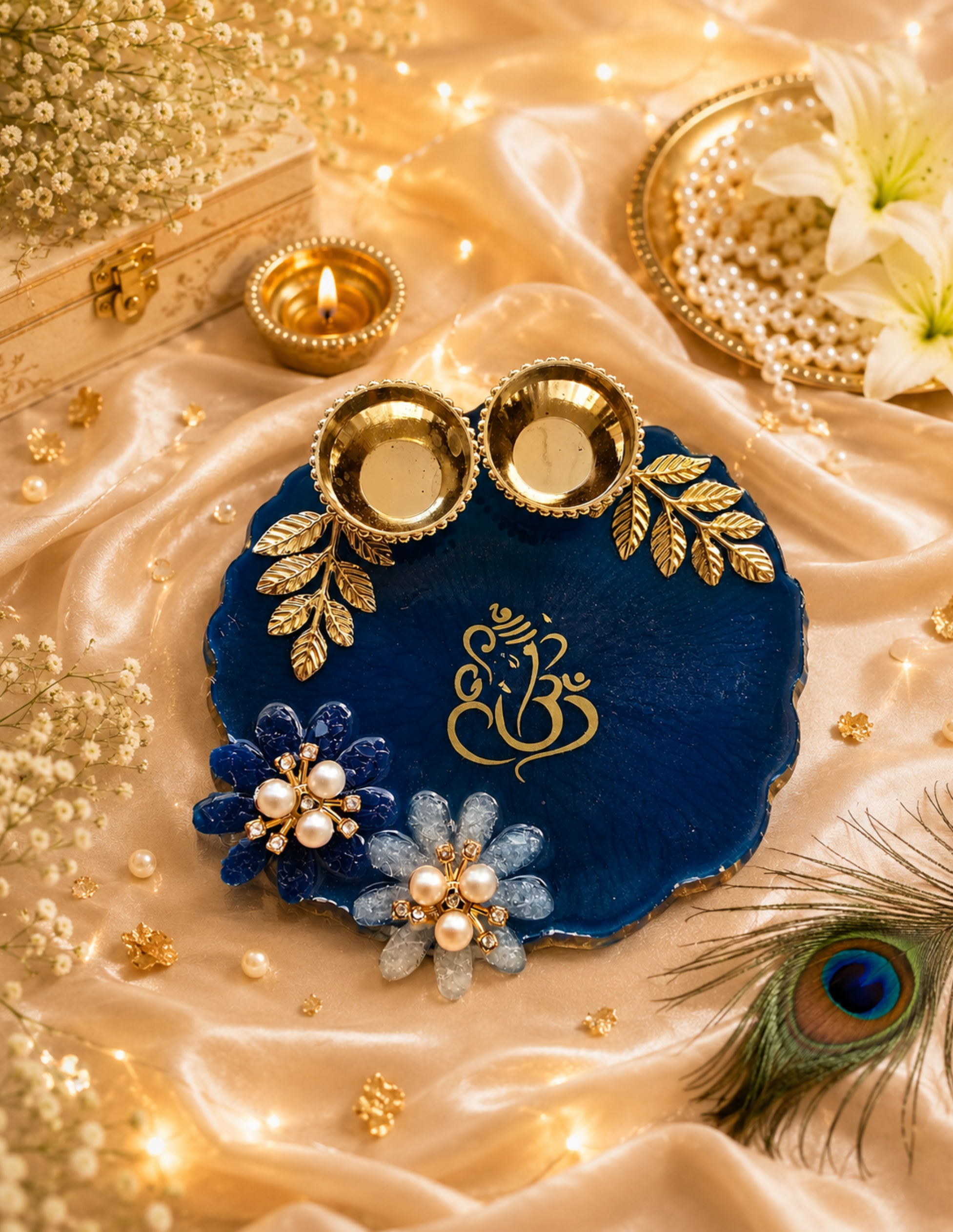 Luxury Handmade Resin Diya Platter | Premium Festive Decor Tray | Ganesha Pooja Decorative Plate