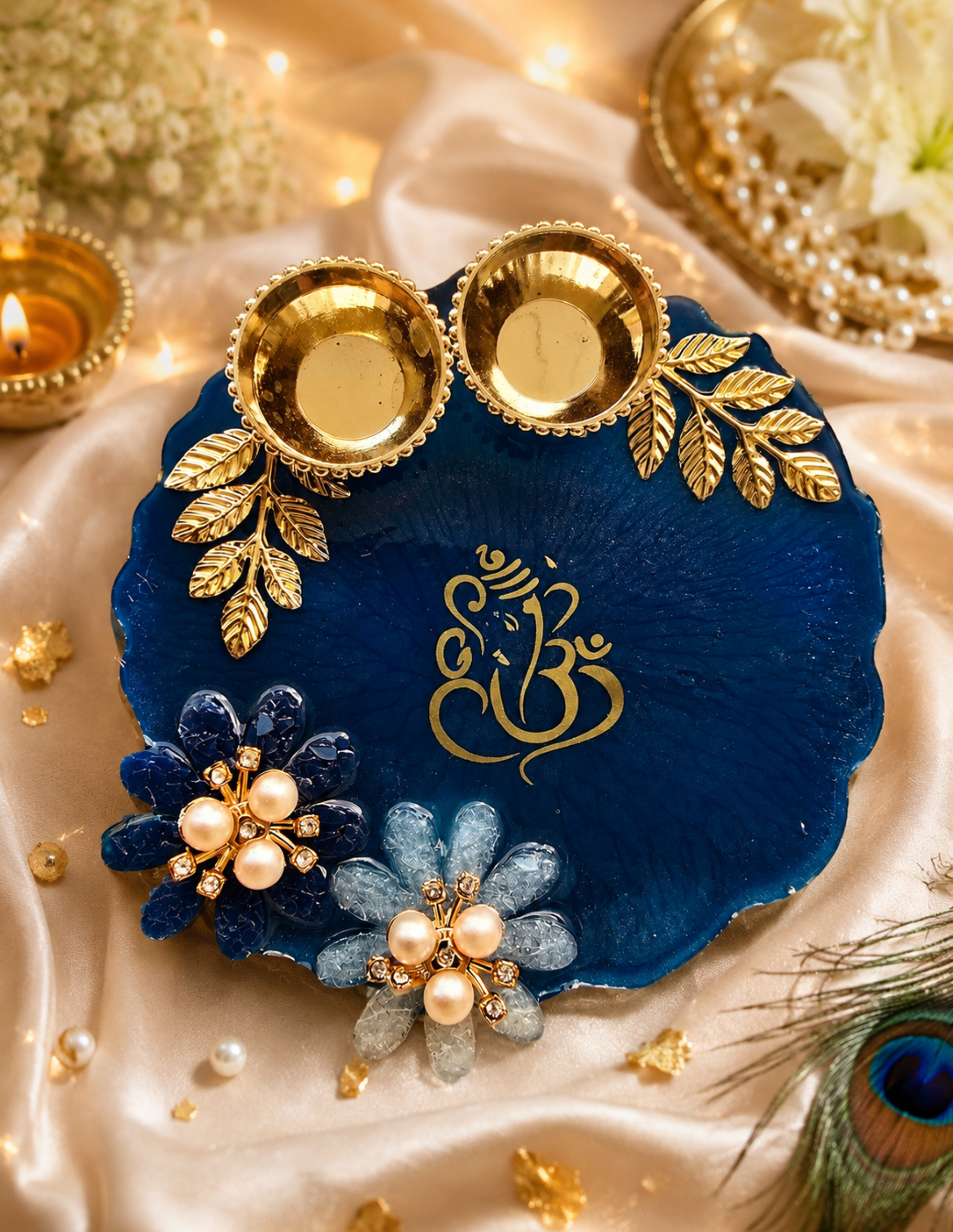 Luxury Handmade Resin Diya Platter | Premium Festive Decor Tray | Ganesha Pooja Decorative Plate